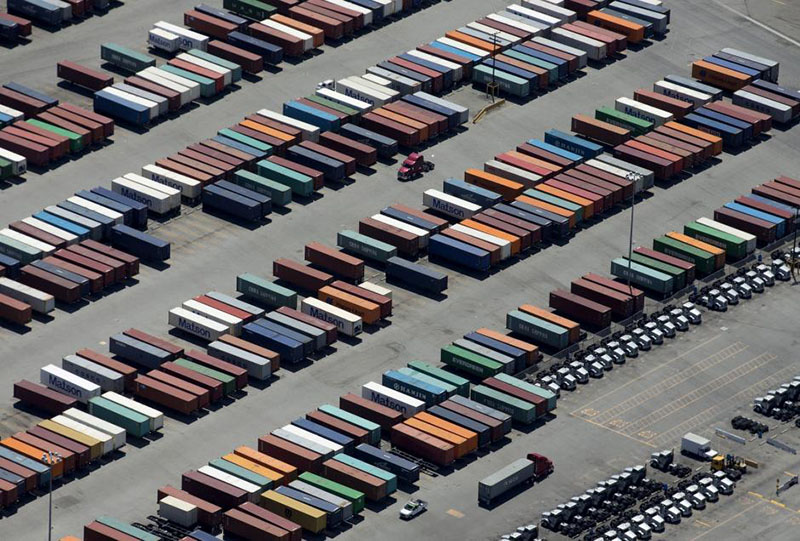 FILE PHOTO: Freight trailers are shown at the Port of Long Beach in this aerial photograph taken above Long Beach, California, U.S., August 5, 2015. REUTERS/Mike Blake/File Photo