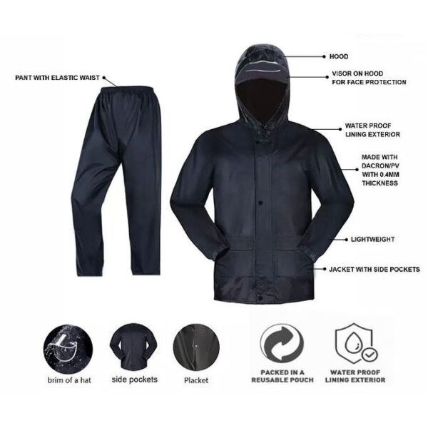 Waterproof Polyester Rain suit with Hood & Visor (Navy Blue) - Image 2