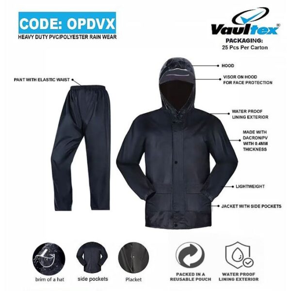 Waterproof Polyester Rain suit with Hood & Visor (Navy Blue) - Image 3